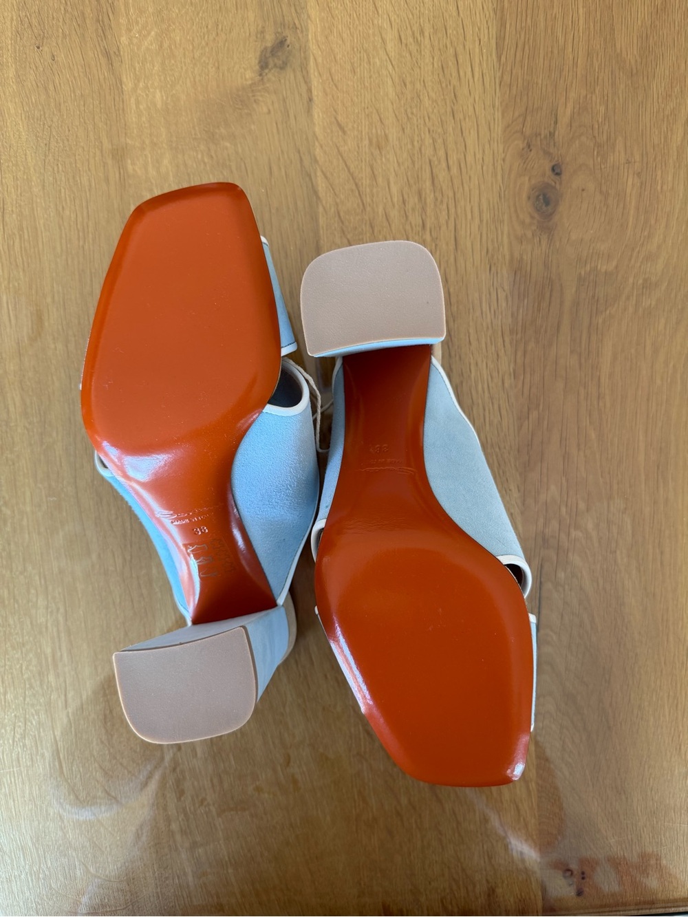 Santoni Light Blue Suede Open-Toe Block Heel Mules with White Trim - Picture 6 of 7